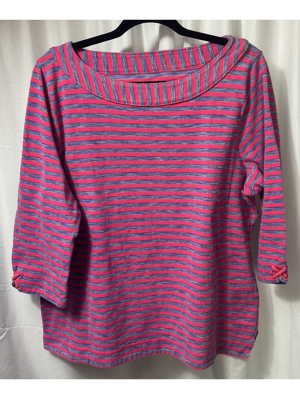 Talbots Women’s 2X Pink Navy Striped Boat Neck 3/4 Sleeve Cotton Top